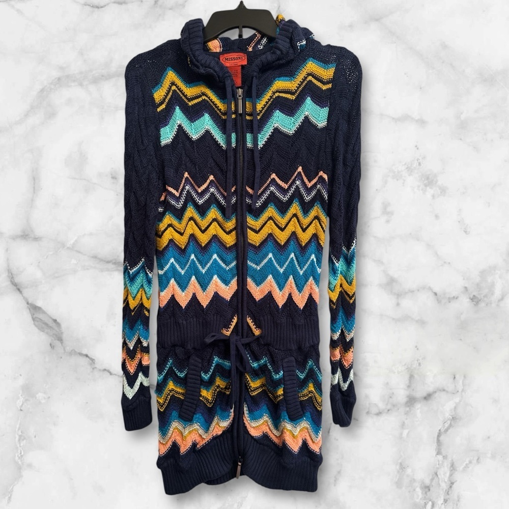 MISSONI For Target Womens Zig Zag Blue Hooded Cardigan Sz M